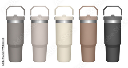 Thermo cup with handle and transparent lid. 30 oz. 3d mockup of a travel thermos. Set of gray, beige, brown and black mugs. Tumbler template