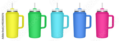 Thermo cup with handle and straw. 64 oz. 3d mockup of a travel thermos. Set of neon yellow, green, blue, and pink mugs. Tumbler template. White lid