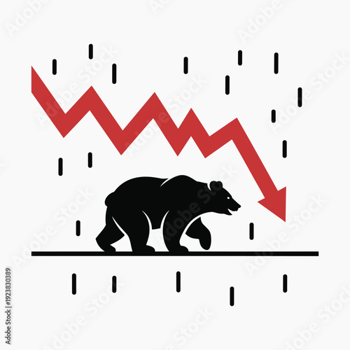 Black bear walking under falling red graph with downward arrow vector illustration isolated on white background.