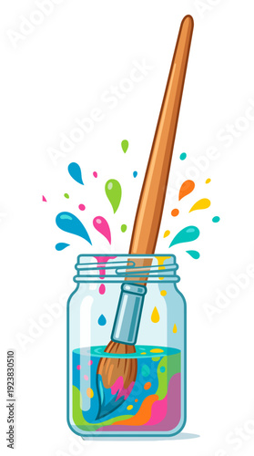 An artistic scene depicting a paintbrush dipped in colorful paint inside a jar, with splashes of paint spreading around
