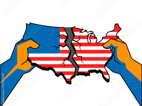 A metaphorical illustration of geopolitical conflict and separation, symbolizing a divided nation. The map of United States with a crack line with the hands