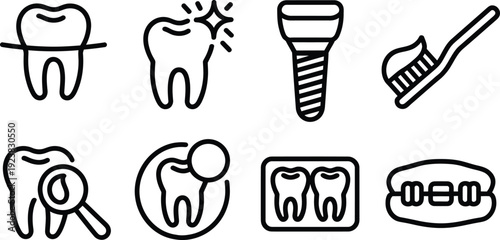 Dental care line icons set, 8 black outline dentistry symbols, tooth health and oral hygiene vector elements for clinic branding