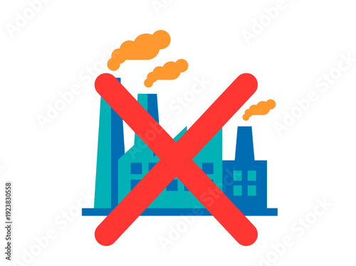 An illustration representing the concept of pollution ban, a factory with an 'X' symbol over it