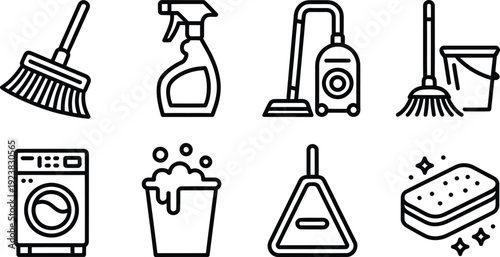 Cleaning service icons set, minimalist black outline housekeeping symbols, 8 vector elements for laundry and home maintenance