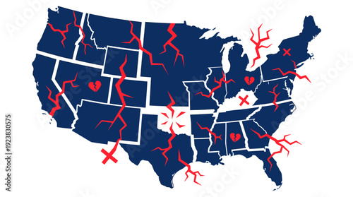 A United States map with red lines, broken into pieces, and marked with red symbols, hinting at crises and division.
