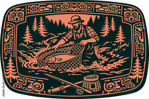 Pacific Northwest Salmon Fisher Belt Buckle Vector
