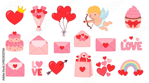 Set of Valentine's Day elements with cupid, heart shape balloons, cake, flower, letter and love theme decoration