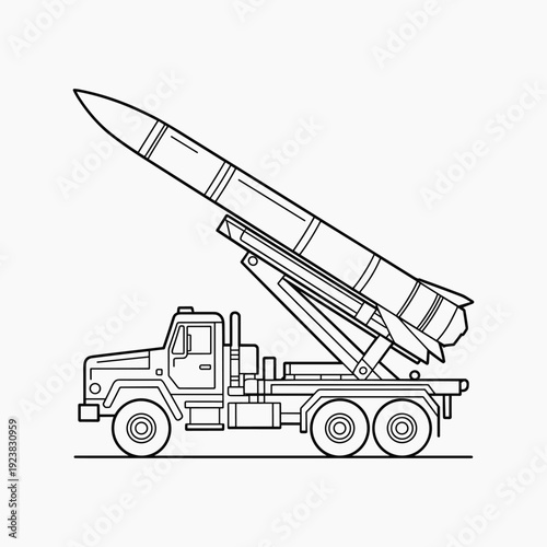 Black line of a truck with a missile launcher line black and white vehicle military vector illustration isolated on white background