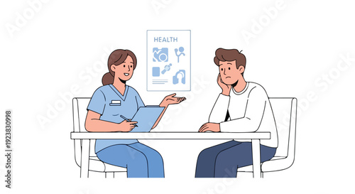 A nurse in blue scrubs discusses a clipboard with a patient in a clinic, sitting at a table with a poster in the background.