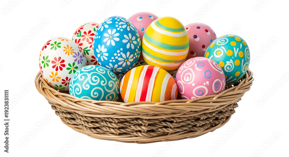 Fototapeta premium A wicker basket filled with colorful Easter eggs on transparent background