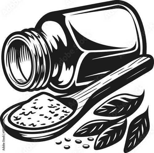 Glass jar and spoon with powdered herbs and fresh leaves, natural seasoning ingredient with organic herbal flavor