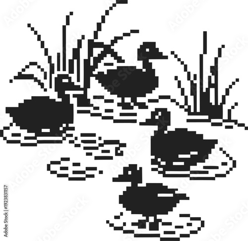 Pixel art ducks swimming in pond with reeds and water ripples, black and white digital illustration