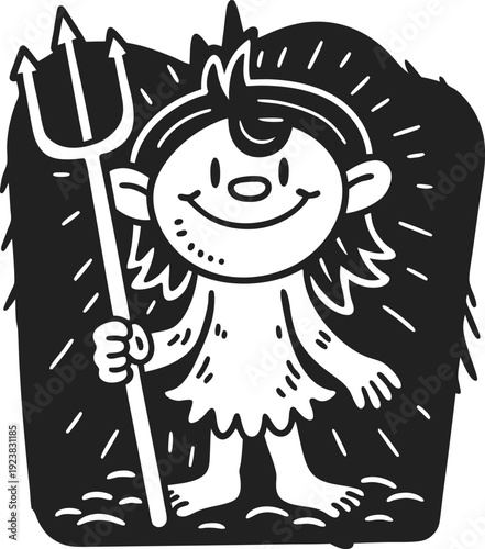 caveman holding a trident, smiling prehistoric character with shaggy hair and primitive attire