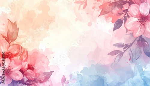 Pink flowers on watercolor background with blue and orange hues