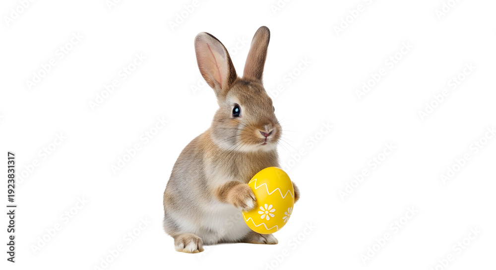 Fototapeta premium A cute brown rabbit holding a yellow Easter egg on transparent background