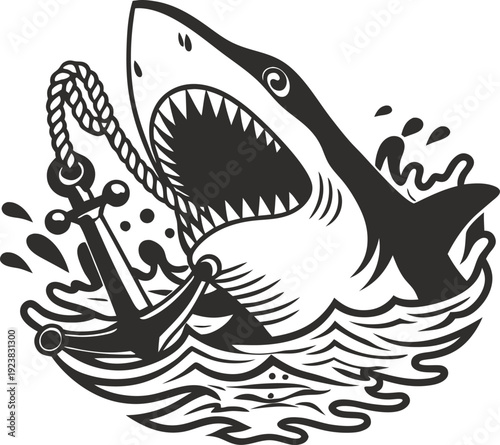 Shark jumping out of water with anchor in mouth, aggressive ocean predator in dynamic splash waves