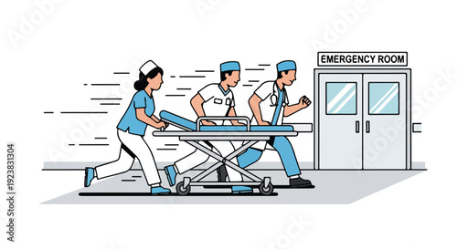A team of medical staff rushing a patient on a stretcher into an emergency room entrance at a clinic or hospital.