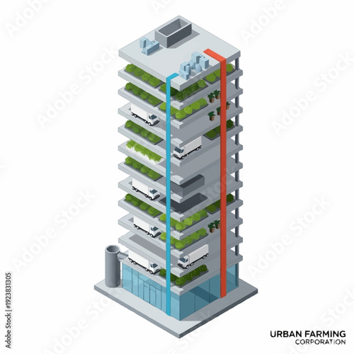 Modern urban farming building with multiple green balconies and hydroponic system.