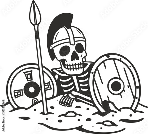 Skeleton warrior with helmet, shields, and spear rising from the ground ancient battle, medieval armor, and skeletal remains illustration