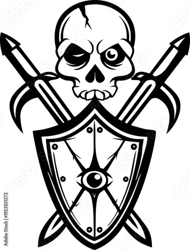 Skull with crossed spears and shield featuring a single eye emblem, dark fantasy warrior emblem design