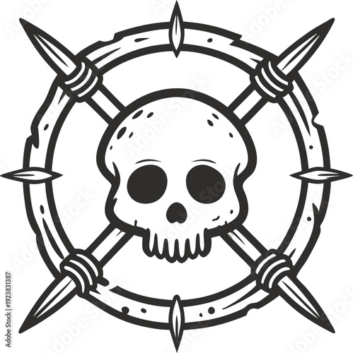 Skull with crossed spears and spiked circular frame, tribal warrior emblem symbol
