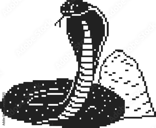 Pixel art black cobra snake with hood expanded and coiled body ready to strike