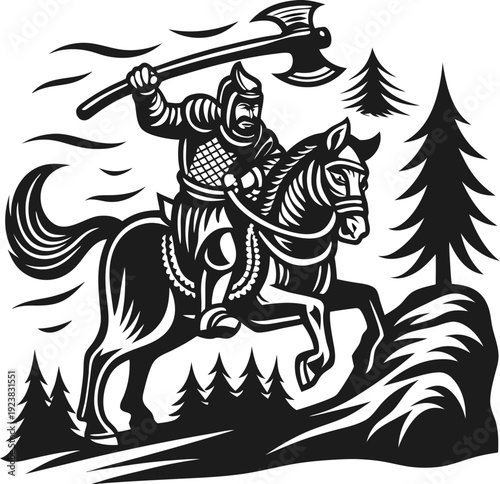Medieval knight on horseback raising axe in forest landscape armored warrior riding horse with trees, hills, and motion lines