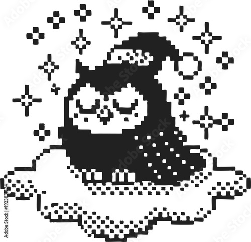 Pixel art owl wearing a winter hat sitting on snow with stars sparkle around, festive winter holiday design