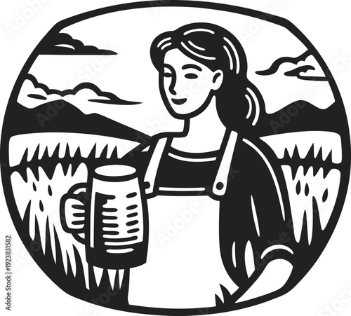 Woman holding beer mug outdoors smiling female bartender in apron with cold beer glass in rural field landscape