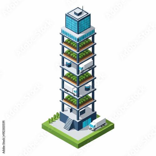 Modern multi-story building with balconies and rooftop garden.