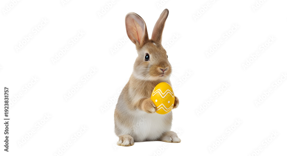 Obraz premium A cute brown rabbit holding a yellow Easter egg on transparent background
