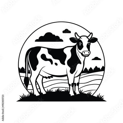  Spotted Dairy Cow Standing in Farmland Pasture Under Sun and Cloud Landscape. 