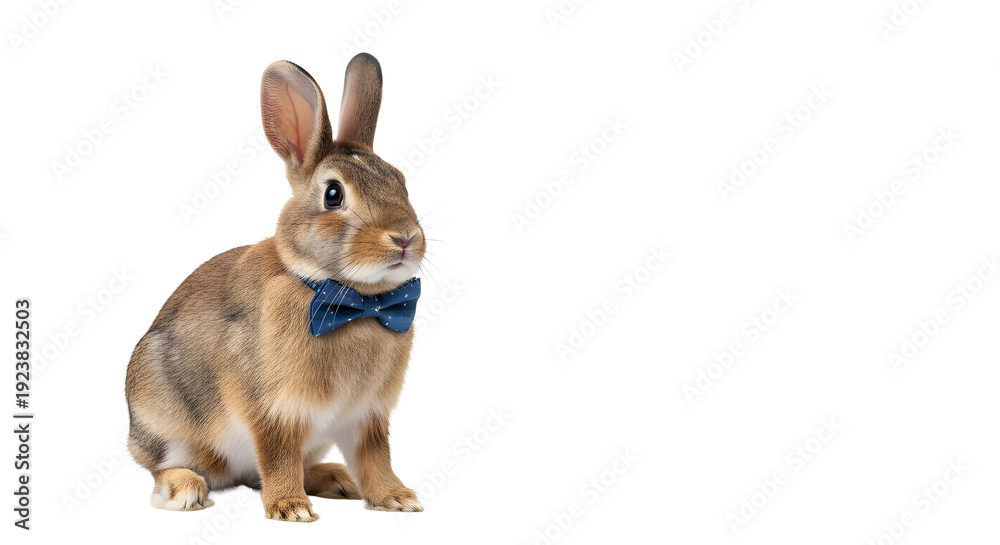 Fototapeta premium A brown rabbit wearing a blue bowtie sits on a transparent background