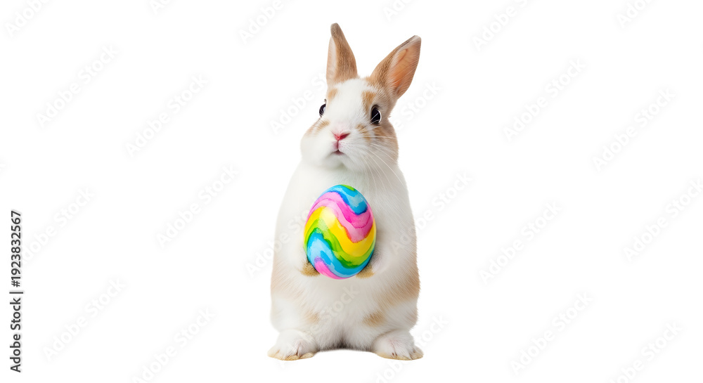 Fototapeta premium A cute white and brown rabbit holding a colorful Easter egg on transparent background