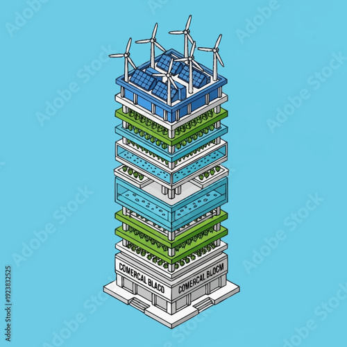 Futuristic sustainable building with wind turbines and green roofs.