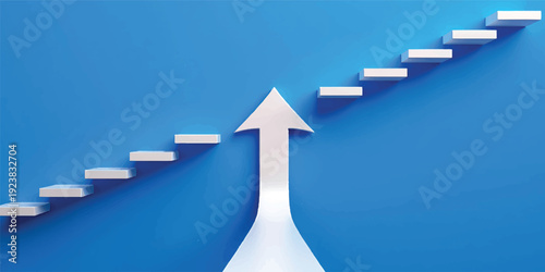 A 3d business illustration featuring a blue arrow rising up stairs and a red arrow on a blue background to symbolize growth, leadership, and financial success through a progress chart sign