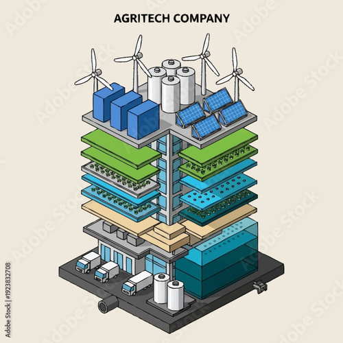 Isometric illustration of a sustainable agritech company facility with renewable energy sources.