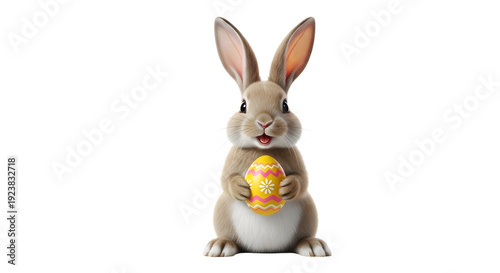 A cute Easter bunny holding a colorful egg on transparent background