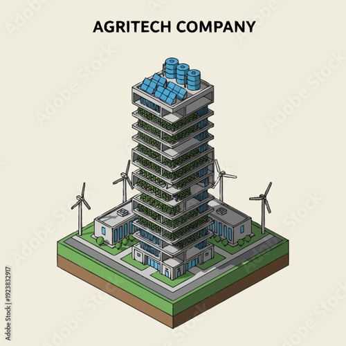 Isometric illustration of a futuristic agritech company building with solar panels and wind turbines.