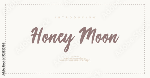 Honey Moon, Script font alphabet uppercase lowercase and number. Classic lettering minimal fashion designs. Typography modern serif fonts regular decorative vintage concept. Vector illustration

