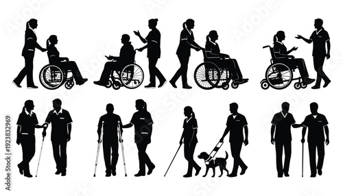 Diverse disabled women silhouettes: wheelchair, cane, guide dog