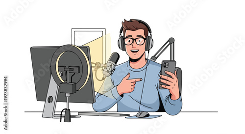 A young man wearing headphones and holding a smartphone while pointing at it with a microphone and computer in front of him, in a vlogging or filming setup.