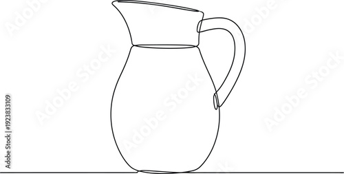Continuous line drawing of a ceramic jug with handle on a plain background