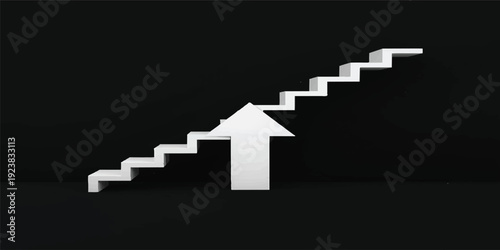 A 3d abstract illustration of a red stairway to success featuring a growth arrow symbol and domino steps as a conceptual render for business achievement and upward progress