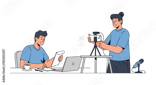 An influencer and a vlogger collaborating on content creation, filming with a camera on a tripod while one works on a laptop in a modern workspace.
