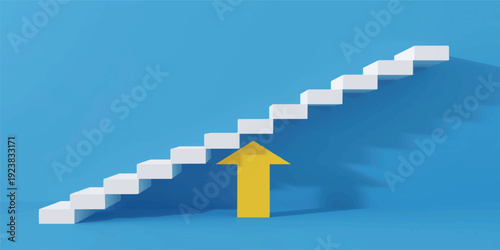 A 3D business growth concept featuring a blue arrow ascending financial stairs toward a red success sign atop a bar chart diagram representing market profit and money progress