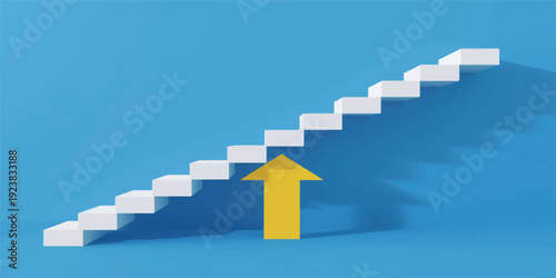 A 3d illustration of a blue stairway to success featuring a rising red arrow and financial bar graph to represent market growth and the future of business profit