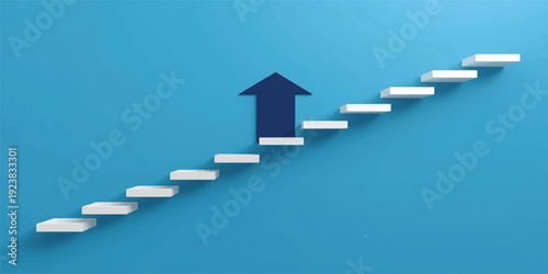 A 3d abstract illustration of a red arrow climbing a stairway to success represents a real estate business growth chart and a finance symbol for home building progress in an upward direction