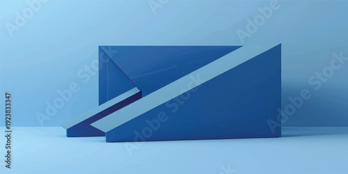 An abstract blue background featuring a 3d render of an origami paper airplane and a vector arrow sign symbolizing a business travel concept and internet design icon