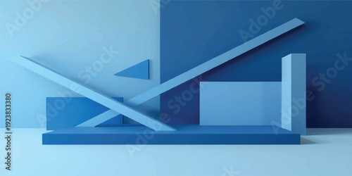 Modern 3d render of an empty office hall featuring an abstract blue background of geometric cubes and architectural wall structures for business interior design concepts